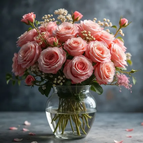  thousands of roses and flowers in the spring; wildcrafted in a crystal vase. Cinematic, realistic HDR photography.biometric shading, synesthesia,fluid lines ,a glass vase filled with pink roses and b