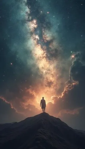 A dramatic nature image depicting the nothingness of a human being in the face of the mighty forces of nature, under the title "Human vs Nature",a person standing on a hill looking up into the sky,wan