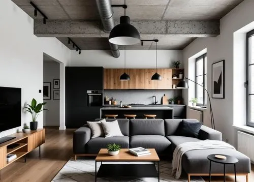 Living room with kitchen, industrial brutalist and Nordic style




,an open concept living and dining room area,apartment lounge,apartment,loft,modern decor,an apartment,contemporary decor,living roo