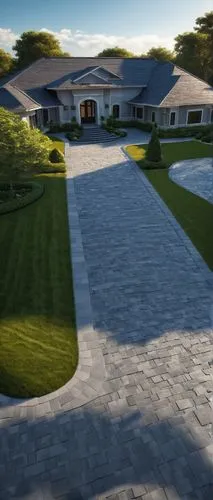 Gray architectural shingles, modern villa, luxurious roof, 3D detailed texture, overlapping layers, subtle shadow, afternoon sun, gentle cloud, blue sky, partial trees, lush greenery, trimmed lawn, co