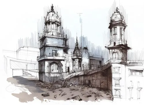 a drawing of two buildings with clocks and a spire on top of them,steeples,spires,sketching,catedral,unbuilt,cathedral