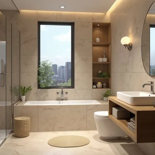A modern and elegant bathroom with a warm, earthy aesthetic, featuring walls and floors clad in polished beige marble with subtle natural veining, creating a seamless and luxurious look, the room is c