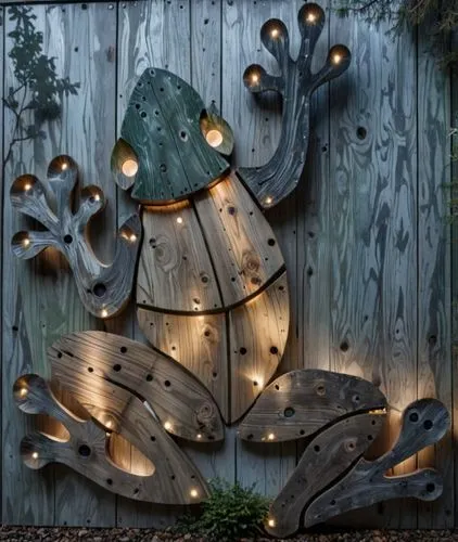a piece of wood sculpture with lights on it,jazz frog garden ornament,garden decoration,garden sculpture,garden decor,yard art,glass yard ornament,garden ornament,steel sculpture,fairy door,scrap scul