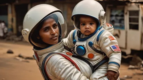 futuristic woman carrying their baby on hip wearing spacesuits in mumbai, in the style of the photography book “The Suffering of Light” by photographer Alex Webb. Master photo with excellent light, co