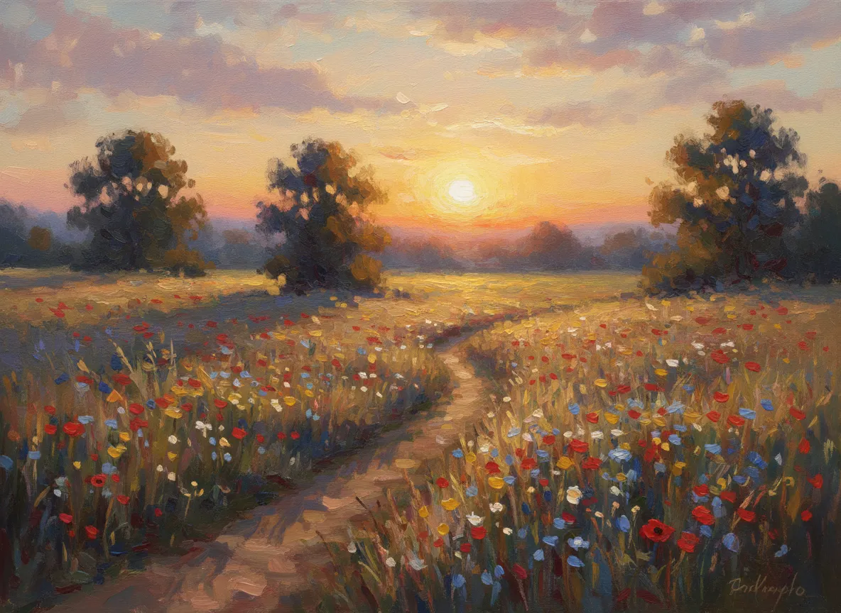 Eine wunderschöne Landschaft, erstellt von einem Generator für impressionistische Landschaften, die den Sonnenuntergang über einem Blumenfeld mit langen Schatten und einem warmen, goldenen Farbton zeigt.