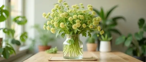 instagram style,beautifull desighn,beige,cream,green,many plants,blured background,details ,zoom on delicate green flowers in glass on dining table,flowers in a glass vase placed on the dining table,f