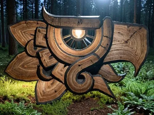 a wooden light sculpture sits on some green grass,wood art,wooden sign,wooden arrow sign,wooden mockup,wood mirror,illuminated lantern,iron wood,wall lamp,made of wood,wood heart,wooden signboard,carv