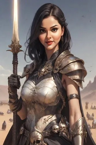 The powerful figure of a muscular warrior stands on a barren desert, her muscles rippling as she struts with the power of her sword. Her muscular armor cascades as the bright sunlight catches the eye.