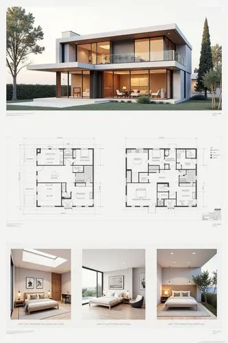 A professional architectural presentation board with a Pure background and a clean, minimalist design layout. The board includes:

Top Section: On the top left, a photorealistic render of a contempora