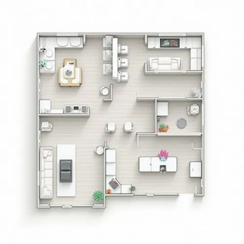Design a floor plan for a modern office space. The layout includes a small kitchenette, a cozy dining area, and two restrooms. The overall design should be efficient and functional, with clearly defin