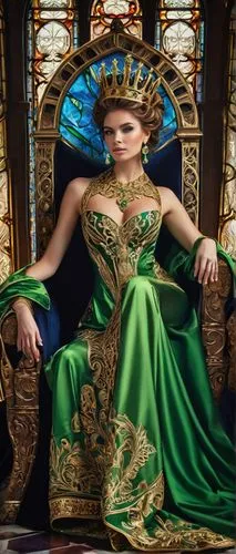 Majestic queen, regal posture, golden crown, curly brown hair, piercing green eyes, elegant makeup, majestic robes, intricate embroidery, luxurious velvet fabric, ornate throne, lavish decorations, gr