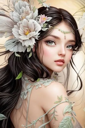 black hair, adorable, nymph, adorable fantasy, very cute, sweet beautiful young woman, flowers and vines,faery,flower fairy,faerie,elven flower,beautiful girl with flowers,dryad,fantasy art,fantasy po