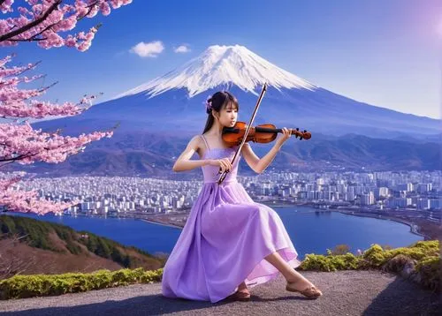a pretty purple girl playing violin,  her melody is Japanese song "Sakura ". Background is Fuji mountain. ,woman playing violin,violin woman,violin player,violinist,violinist violinist,erhu,solo violi