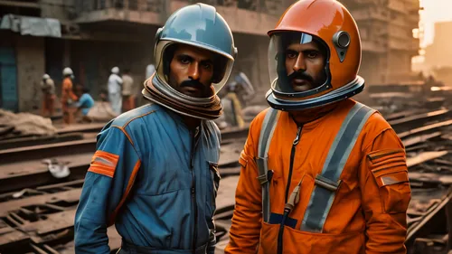 futuristic construction worker in spacesuits in mumbai, in the style of the photography book “The Suffering of Light” by photographer Alex Webb. Master photo with excellent light, color and compositio