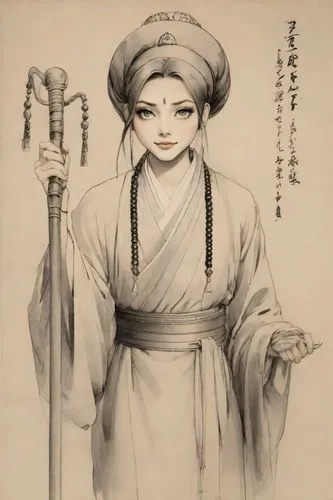an asian woman wearing an oriental dress and holding a staff,kunqu,kuanyin,yi sun sin,zhuan,zhihuan,wuhuan,guanyin,xiaojian,diaochan,benzaiten,zhoukoudian,jianyin,kuangyin,nembutsu,xiuqing,xuanwei,she