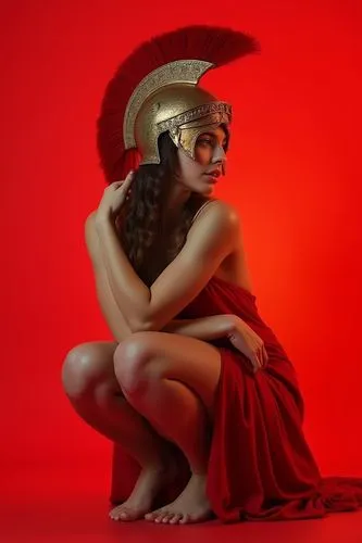 woman in ancient greek helmet, red, squatting, red background , side view
















,a woman dressed in a red gown posing,cleopatra,potiphar,herodias,nefertiti,ancient egyptian girl,gladiator