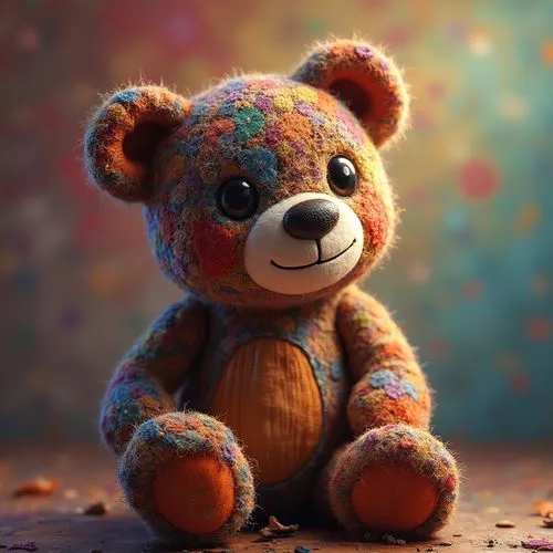 Hyperrealistic, splash art, concept art, mid shot, intricately detailed, color depth, dramatic, 2/3 face angle, side light, colorful background, literal patchwork teddy bear stitched together from pie