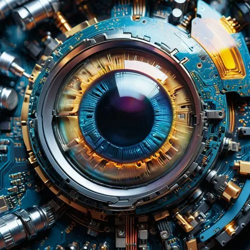 Hyperrealistic concept art. Macro shot. A single digital iris of an robot eye with integrated circuits glowing blue core, transparent glass-like exterior, intricate pixelated details, Splash art. Dram