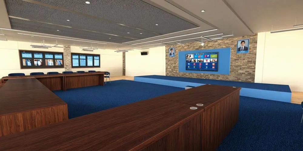 an office has blue carpet and windows on both sides