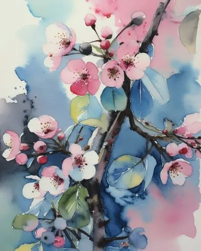 Акварель, вишня цветет,a painting with watercolor paint on it of pink flowers,apple blossom branch,peach blossom,blossoming apple tree,apple blossoms,flower painting,plum blossom