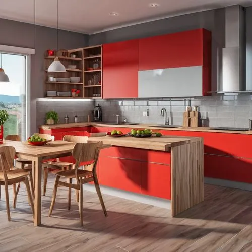 Cozinha moderna com moveis em madeira  , com decoração  em vermelho 
,modern kitchen interior,kitchen design,modern kitchen,kitchen interior,scavolini,gaggenau,kitchens,modern minimalist kitchen,3d re