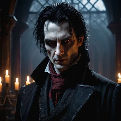 front shot of a sinister vampire and mysterious character named Mortimer Black, a tall gaunt man with pale translucent skin, hollow glowing eyes that emit a faint red light, messy black hair streaked 