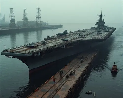 一艘正在充滿油汙,雜亂的軍港拆解到一半的航空母艦,碼頭有焊接工人在焊接,忙碌的工作,甲板上停放戰鬥機,a large ship on the water with many people,aircraft carrier,supercarriers,uss carl vinson,uss kitty hawk,liaoning,cvn
