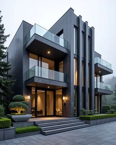  A luxurious, ultra-modern, three-story mansion with a sleek, dark gray marble facade and prominent vertical columns, situated in a refined, upscale residential setting. The exterior features large fl