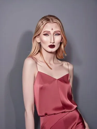 Shyanne with her characteristic long nose bridge at the model shoot,this is an image of a woman with dark lips,colorizing,a wax dummy,allude,female model,colorization,maroon,fashion shoot,portrait bac