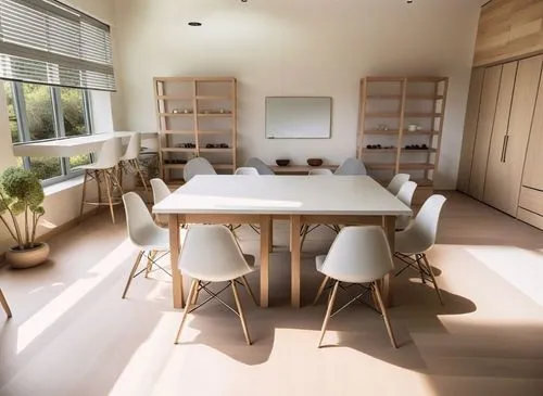 an empty white table in the middle of the room,dining room table,dining table,kitchen table,breakfast room,dining room,search interior solutions,modern kitchen interior,wood casework,modern room,moder