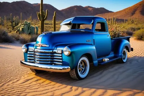 Lowrider 1949 Chevy truck, vintage, metallic blue, shiny chrome rims, lowered suspension, hydraulic system, custom paint job, gleaming headlights, fog lights, side pipes, rich leather interior, classi
