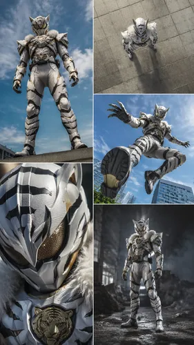 Kamen Rider with a white tiger theme and styling,   ,this image is of some artwork on the same page,steel man,knight armor,armors,armored,armored animal,white tiger,silver,centurion,centurions,lion wh