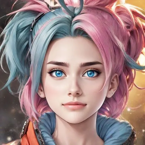 an art work of a  with pink and blue hair,maeve,pieri,naimiy,jinx,bulma,liora