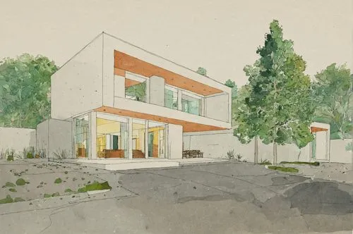 Architecture Drawing
,drawing of a large house surrounded by trees,cohousing,passivhaus,neutra,renderings,house drawing,mid century house,sketchup,vivienda,school design,eichler,Illustration,Vector,Ve