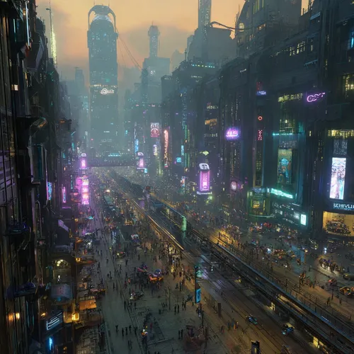 A cyberpunk city at dawn, sun glinting off glass skyscrapers. Start with a flying car navigating between buildings, its engine’s hum echoing. Track it across a skybridge, then pan down to a street - l