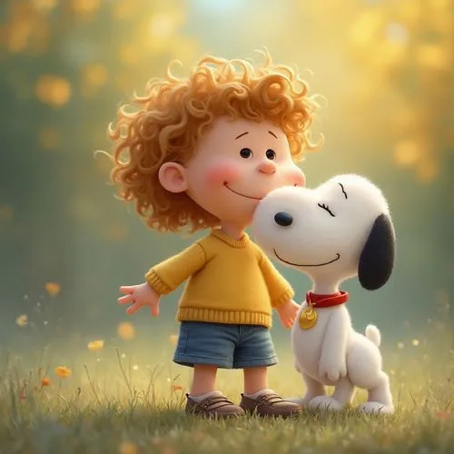 happy child in Peanuts Snoopy style with blurred background,a cute little red - haired boy kissing a snoopnut from the peanuts,boy and dog,girl with dog,snoopy,the dog a hug,little boy and girl,cute c