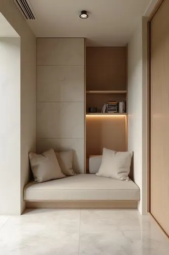 textured reading nook in home office, mini book shelf, minimalist style,there is a room with a bed and pillows,travertine,modern minimalist lounge,interior modern design,modern room,hallway space,mode