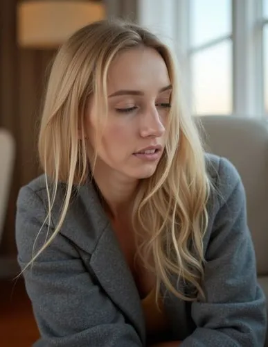 A portrait of a beautiful caucasian young woman with long blonde hair sitting on a chair in a living room. She is wearing a gray wool jacket and has her eyes closed. The background features a large wi