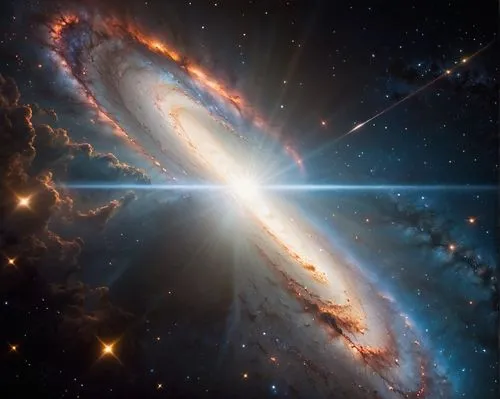 A vast expanse of space full of bright stars with a spiral galaxy at its center approached by a transport spaceship named Atilla,a very large spiral structure in the sky,cigar galaxy,supernovae,ngc 22