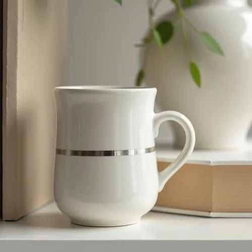 shelf addition to the living room, white cup decoration with silver stripes , beige book, modern,a white vase with a silver stripe is on a shelf next to a book,printed mugs,coffee mug,coffee mugs,coff