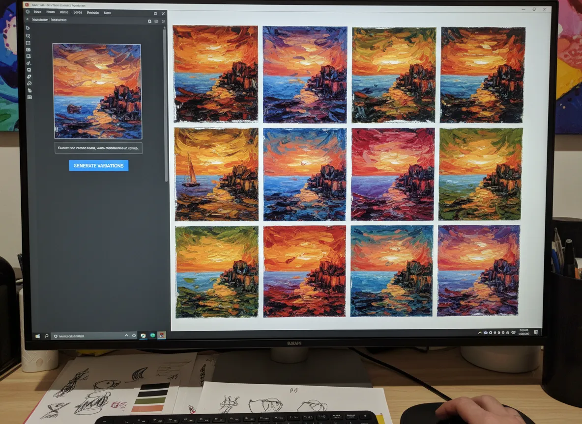 Lo schermo di un designer che mostra un prompt di testo trasformato in una serie di varianti di poster in stile pittura a spatola.