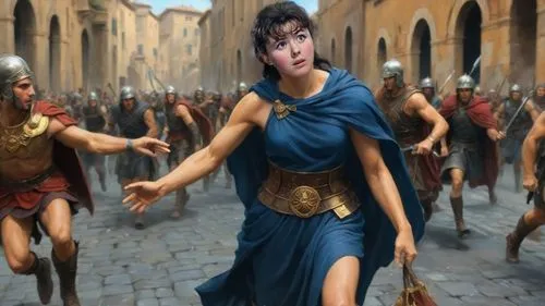 ДЕВУШКА. Oil painting of Visigoths sacking ancient Rome, running amok in the streets causing chaos ,a woman in a blue dress and two men with their arms out,praetorian,patrician,charioteer,female warri