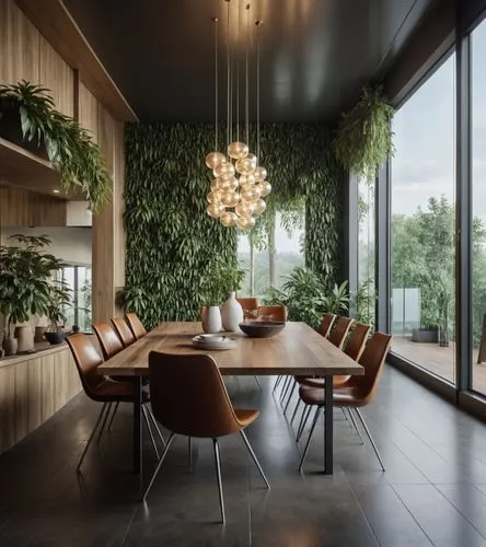 Interior design,modern dining room with table and large windows,breakfast room,modern decor,interior modern design,dining room,contemporary decor,intensely green hornbeam wallpaper,Photography,General