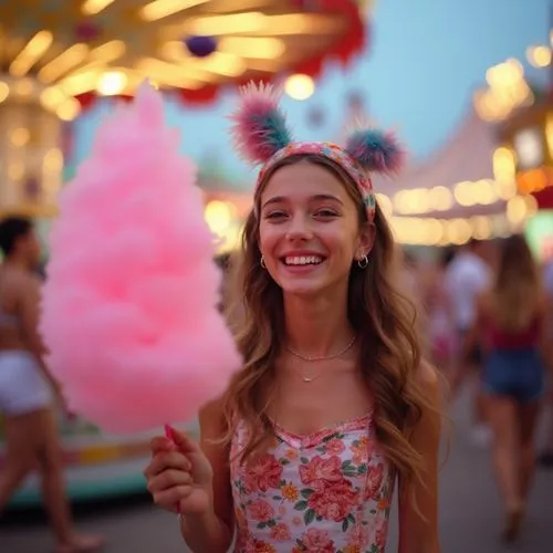 A joyful teenage girl in a vibrant carnival setting, holding a pink cotton candy. She’s dressed in a playful outfit with a colorful headband, surrounded by twinkling lights and spinning rides. Her lau