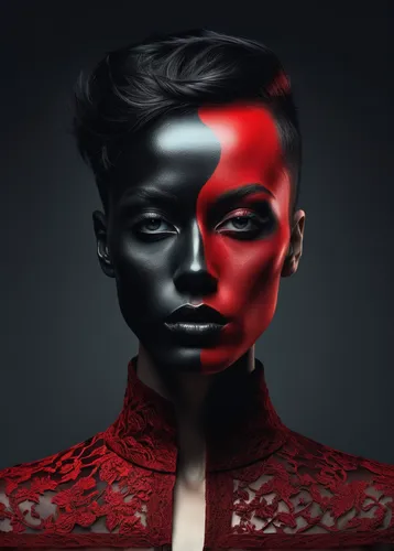 emil hajjaj creates surreal digital art with a single black eye, in the style of dark black and red, androgynous, peter andrew jones, split toning, presentation of human form, studio portrait, aleksan