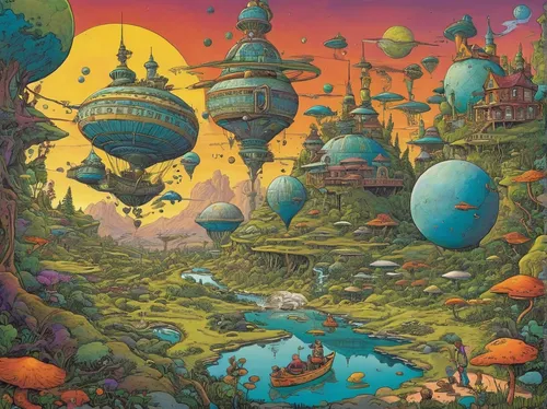 Explore a surreal fictional world where Keith Herring's art comes to life.,fantasy world,fantasy city,mushroom landscape,fairy world,alien planet,alien world,dream world,futuristic landscape,utopian,f