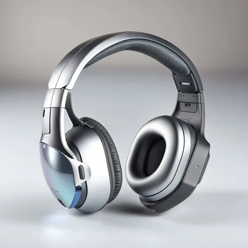 headphones, silver iridescent color scheme, technological sense, 3D rendering, high-definition, product design, details,a pair of headphones with a blue light,bluetooth headset,wireless headset,wirele