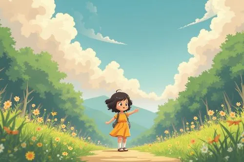 random cartoon scene,black girl,an animated picture of a little girl walking down the road,springtime background,walking in a spring,spring background,hosoda,flower background,arrietty
