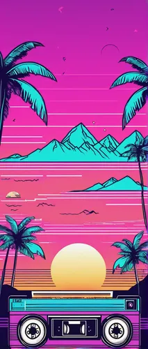 Craft a nostalgic vaporwave wallpaper with a sunset, cassette tapes, and glitch effects.,retro background,80's design,80s,cassette,retro music,retro,retro styled,summer background,radio cassette,aesth
