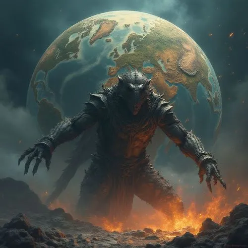 devour the world ,there is a giant godzilla that has large legs and a massive body,burning earth,scorched earth,doomsayer,death god,dead earth,occultist,doomsday,necromancer,sci fiction illustration,a